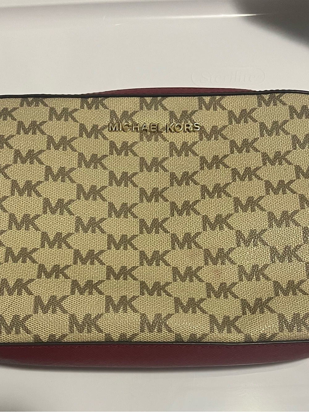 Michael Kors Beige Monogram Crossbody with Burgundy Trim
